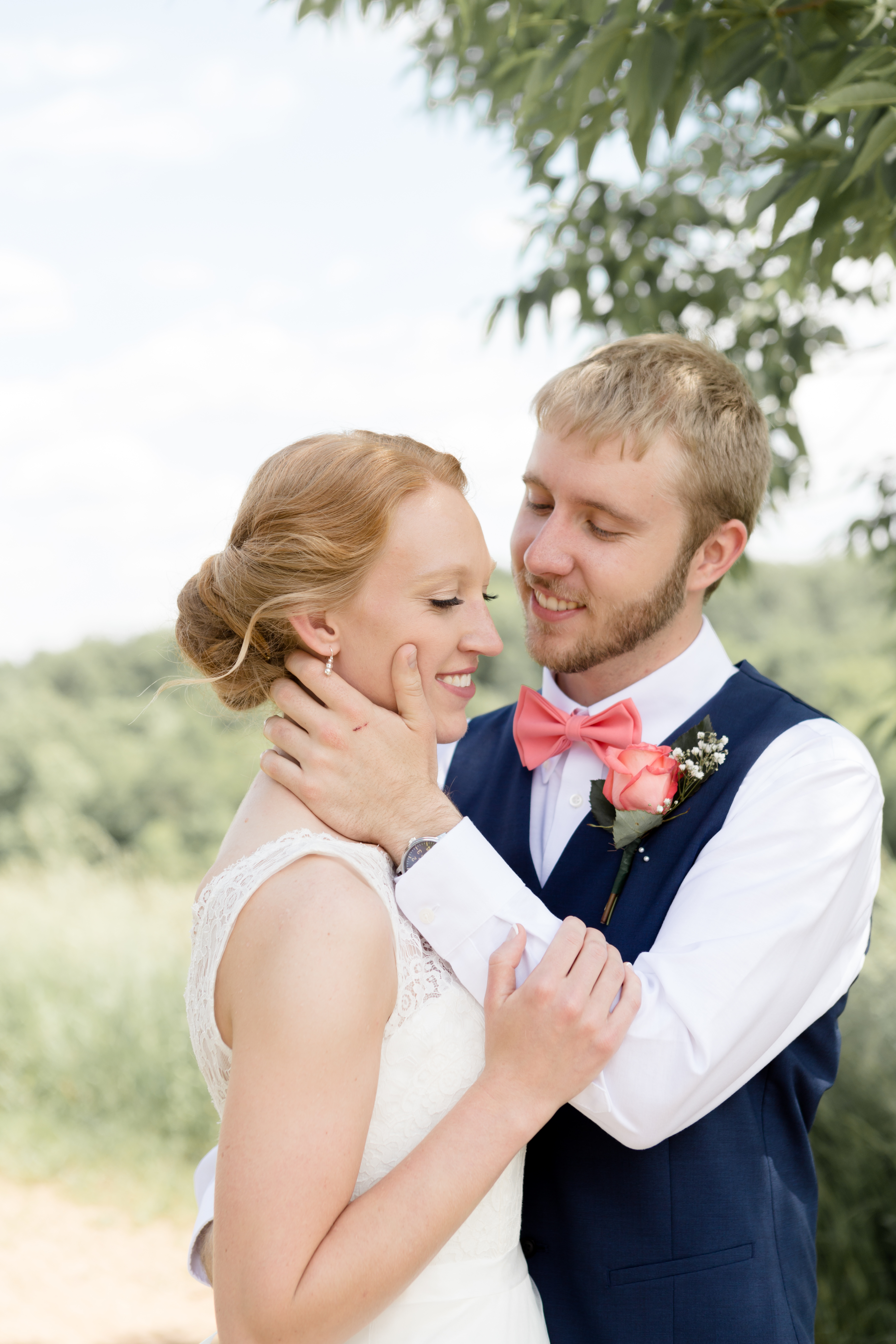 Bride and Groom share a look at each other at the Outpost center in Chaska