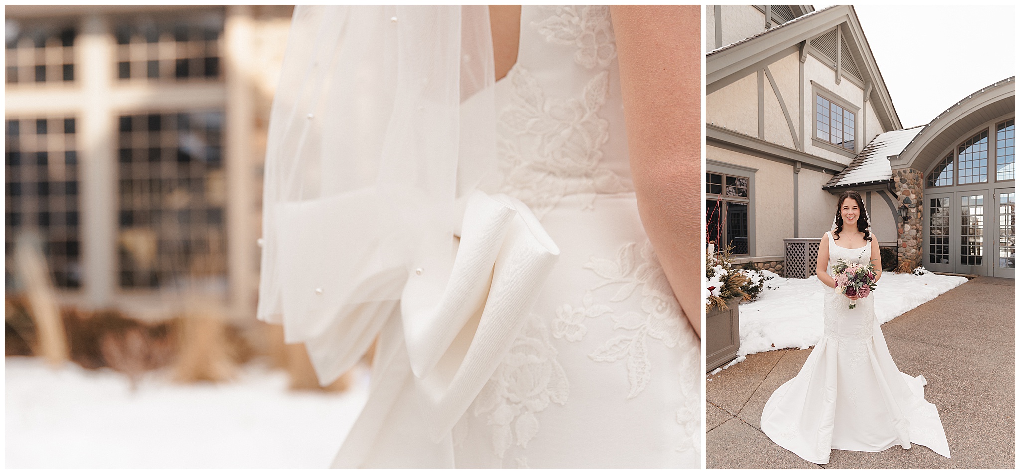 bride and groom snowy portraits Maple Grove MN winter wedding