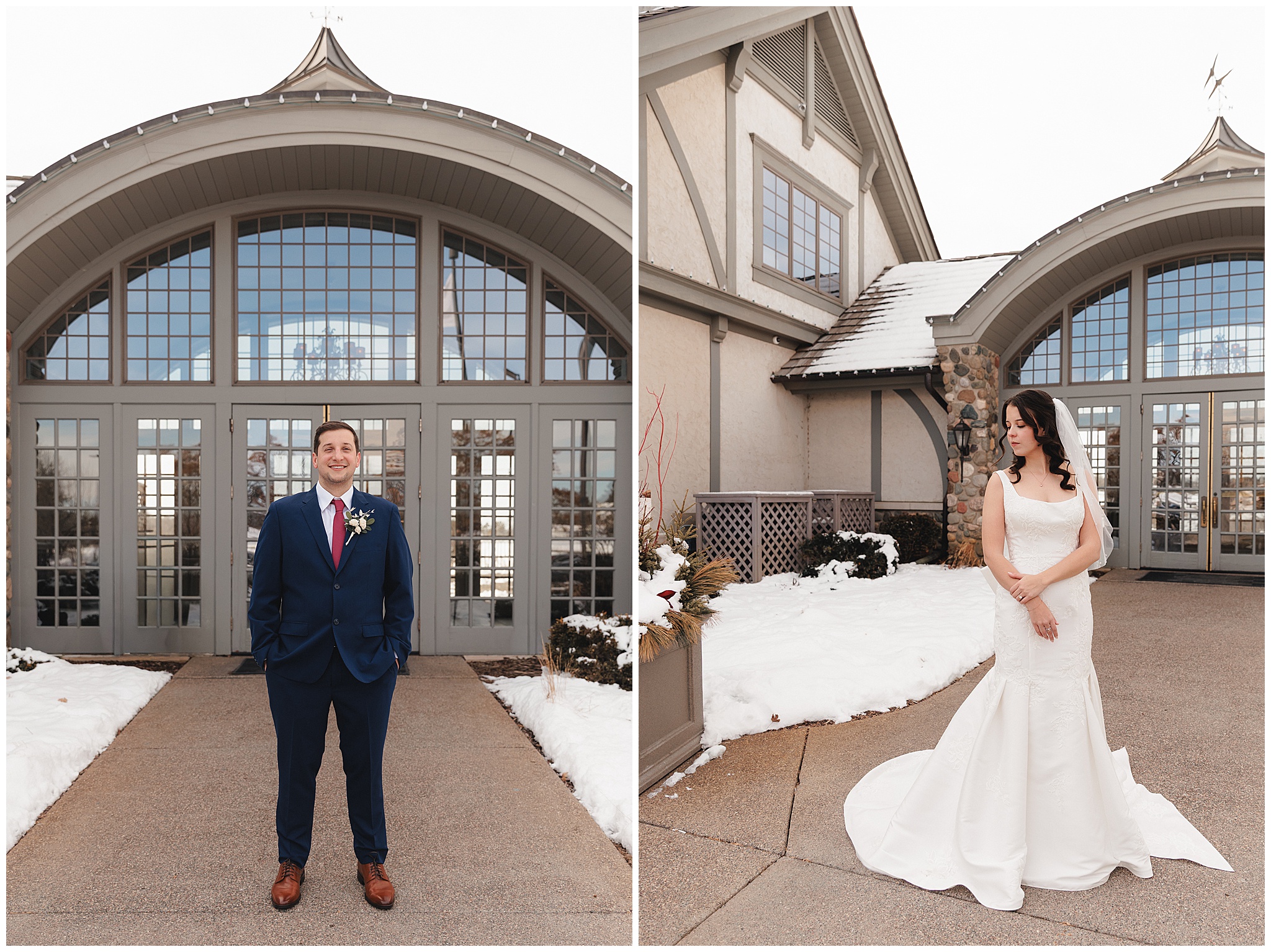 bride and groom snowy portraits Maple Grove MN winter wedding