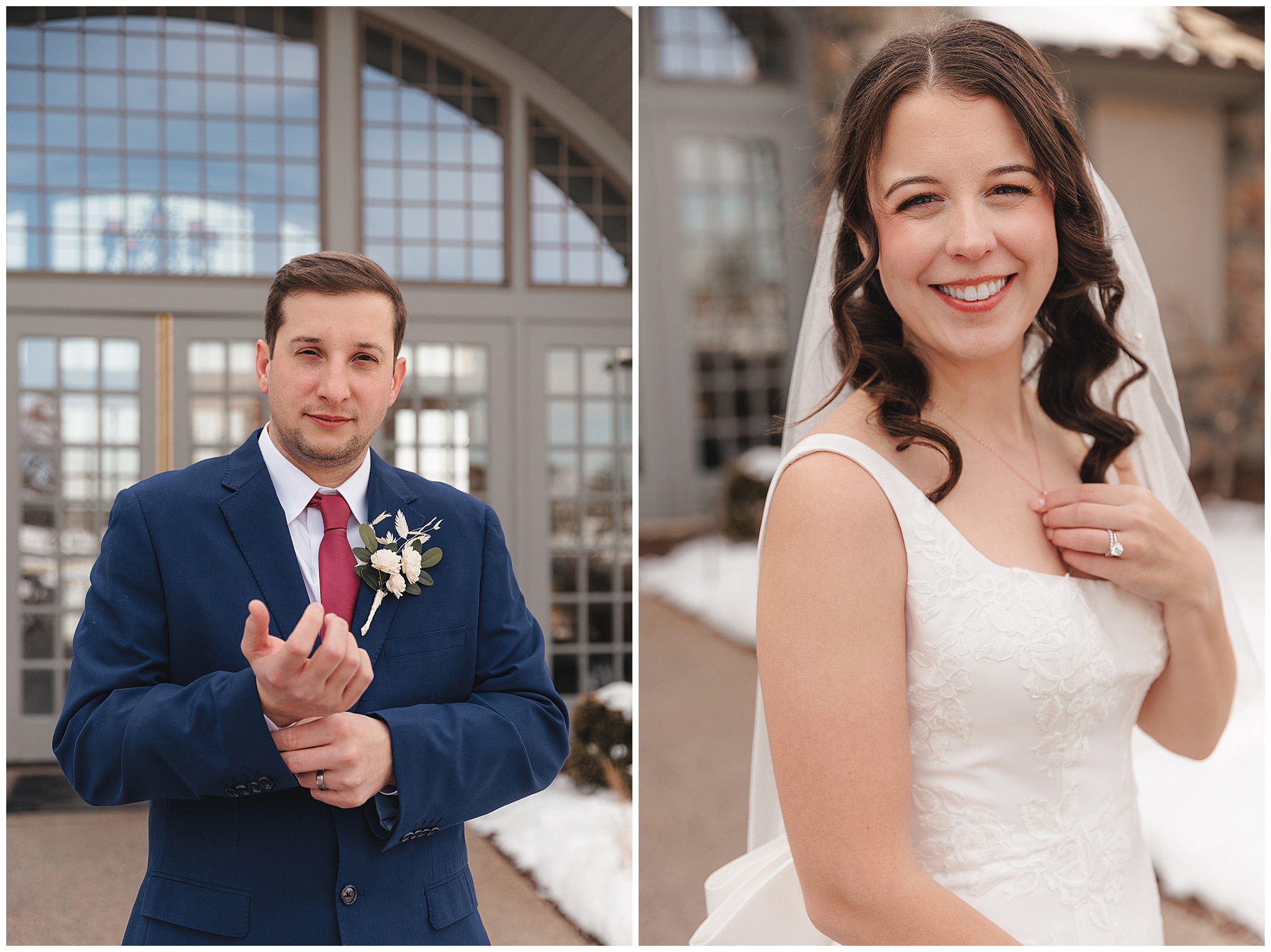 bride and groom snowy portraits Maple Grove MN winter wedding