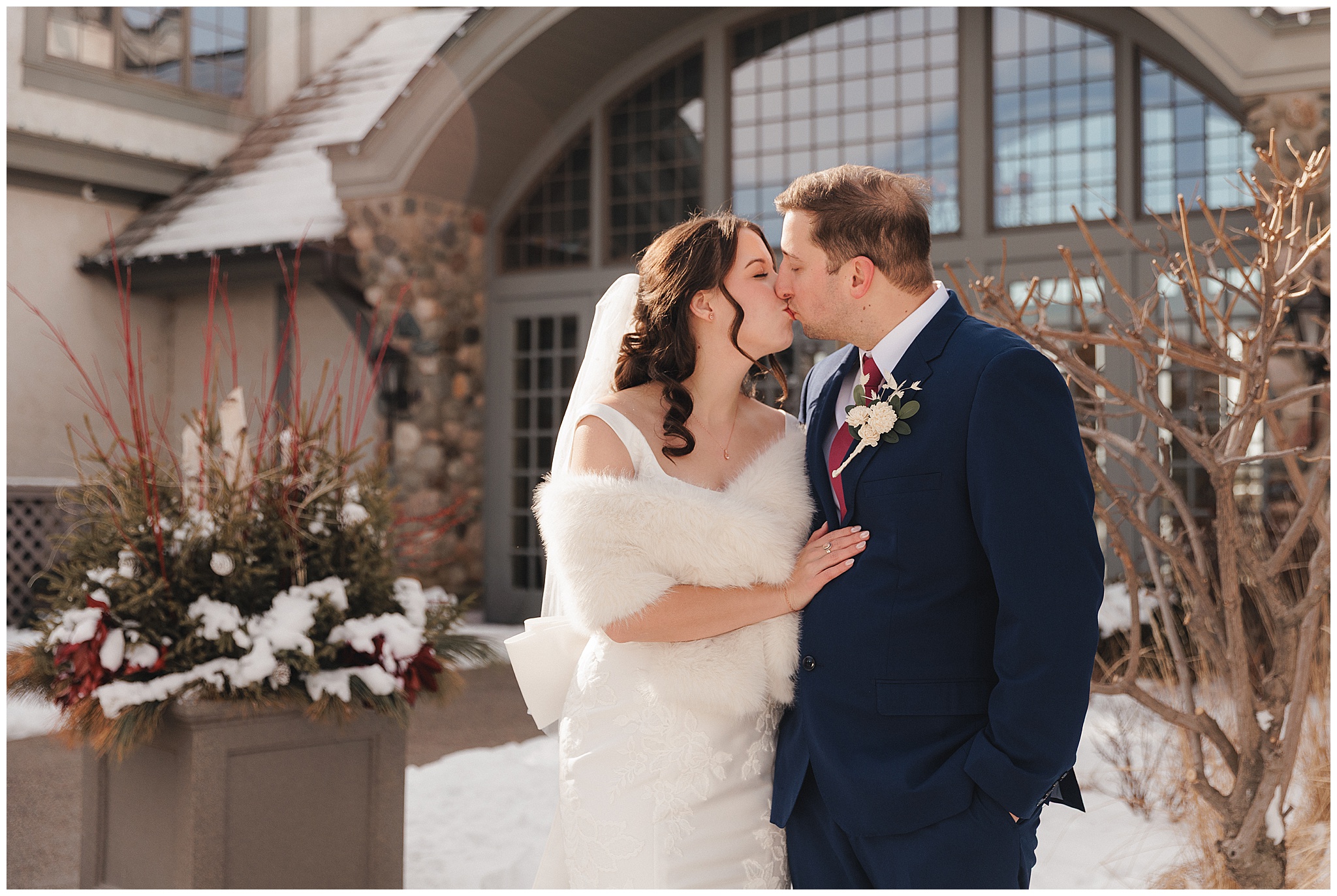 bride and groom snowy portraits Maple Grove MN winter wedding