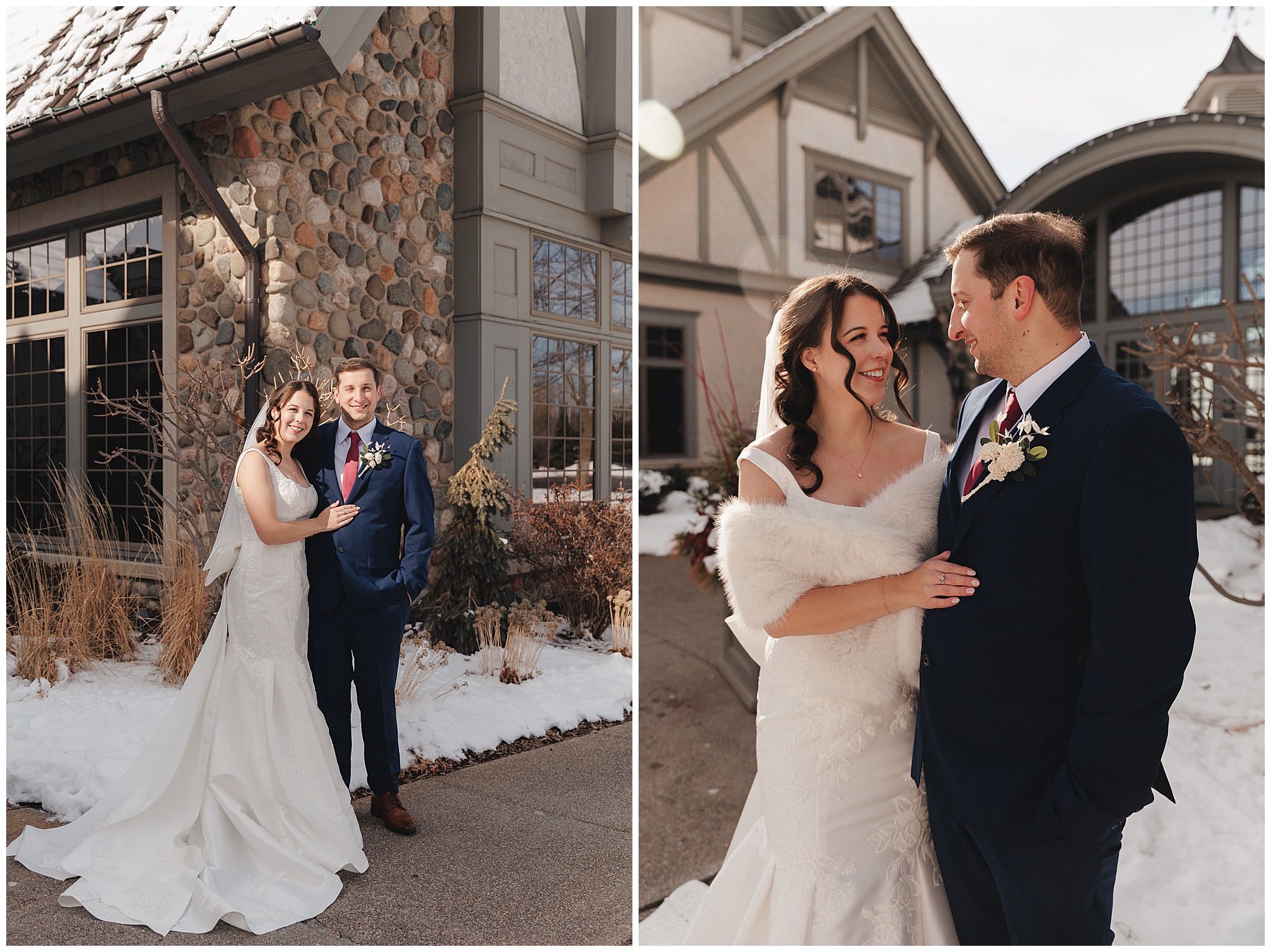 bride and groom snowy portraits Maple Grove MN winter wedding