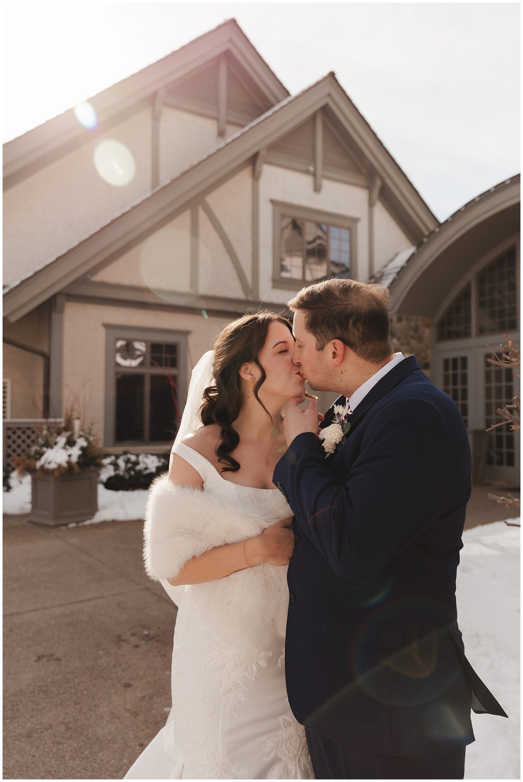 bride and groom snowy portraits Maple Grove MN winter wedding