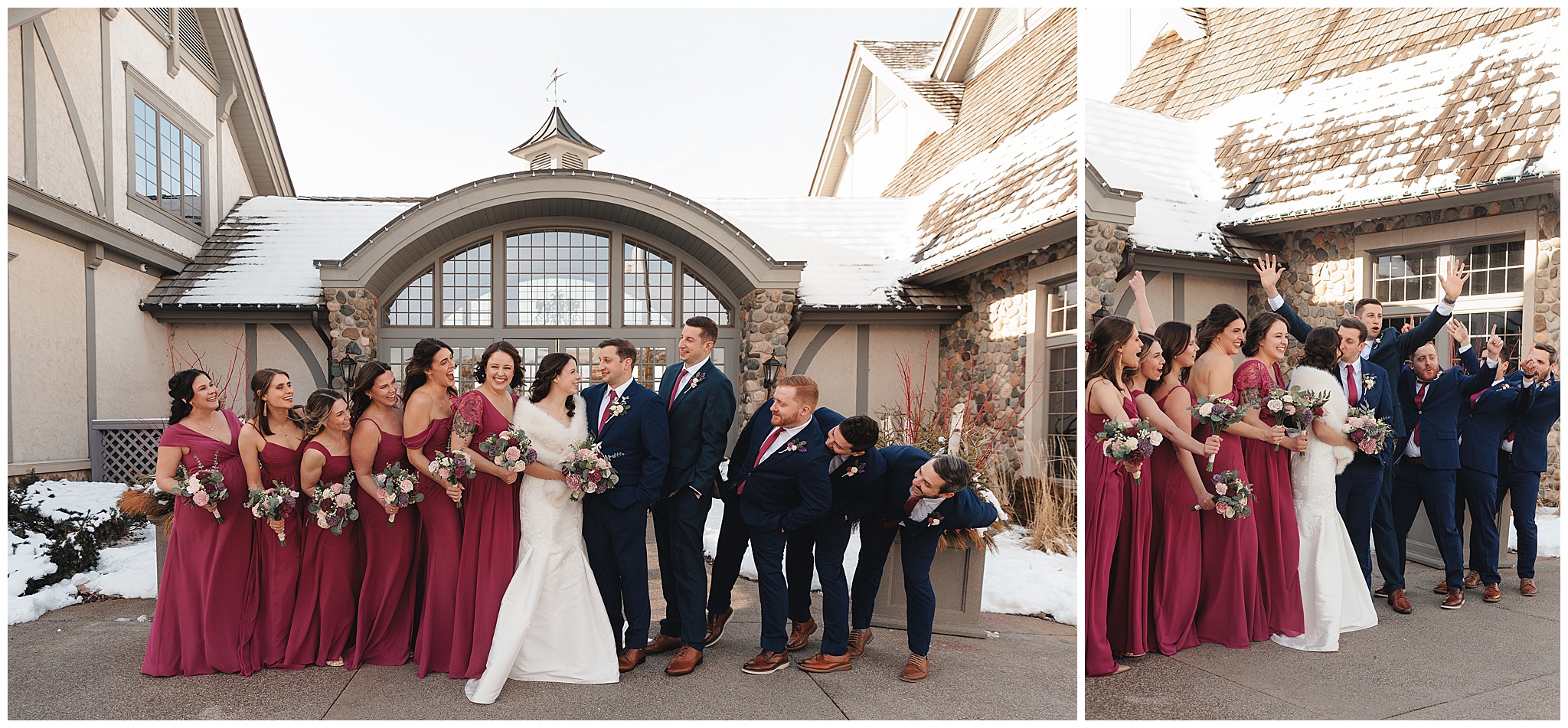 wedding party outdoor photos snow Minnesota wedding