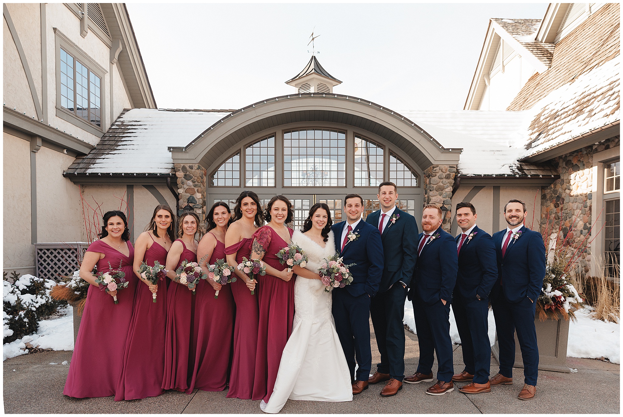 wedding party outdoor photos snow Minnesota wedding