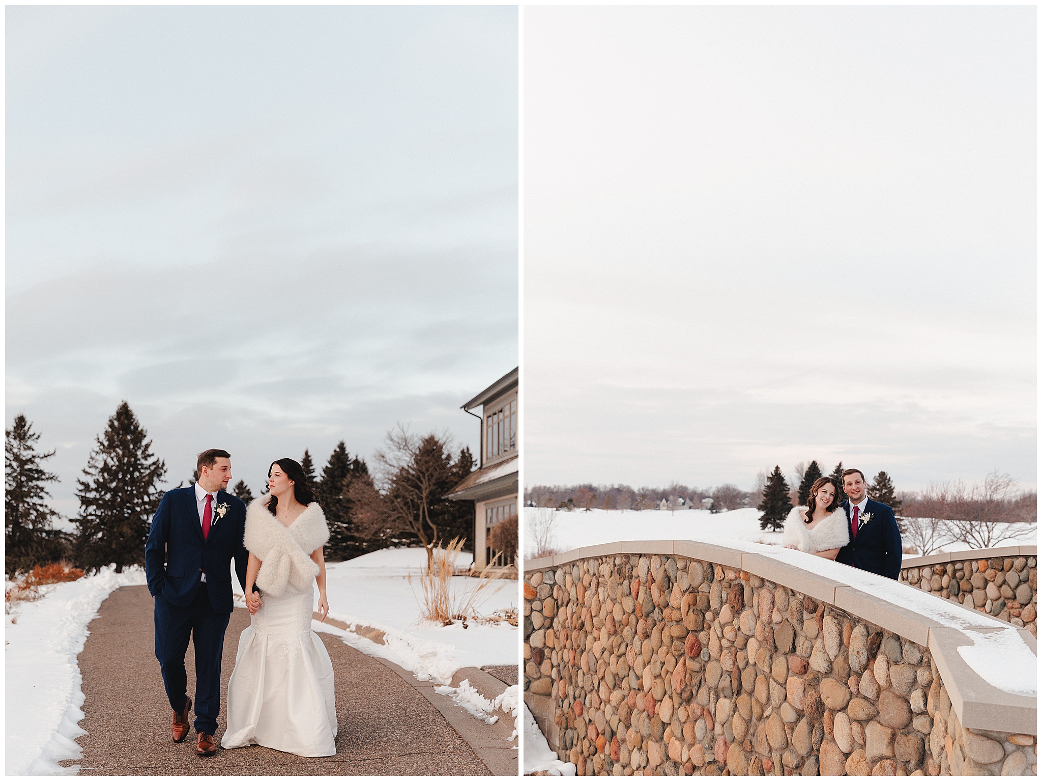bride and groom sunset winter portraits Minnesota