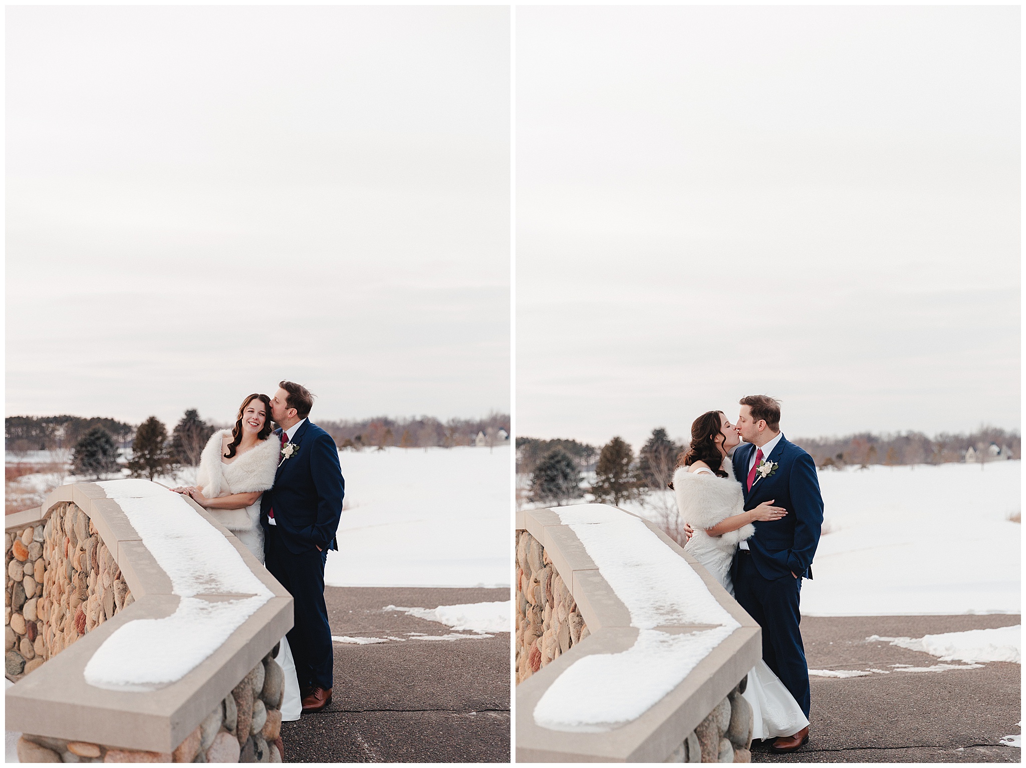 bride and groom sunset winter portraits Minnesota
